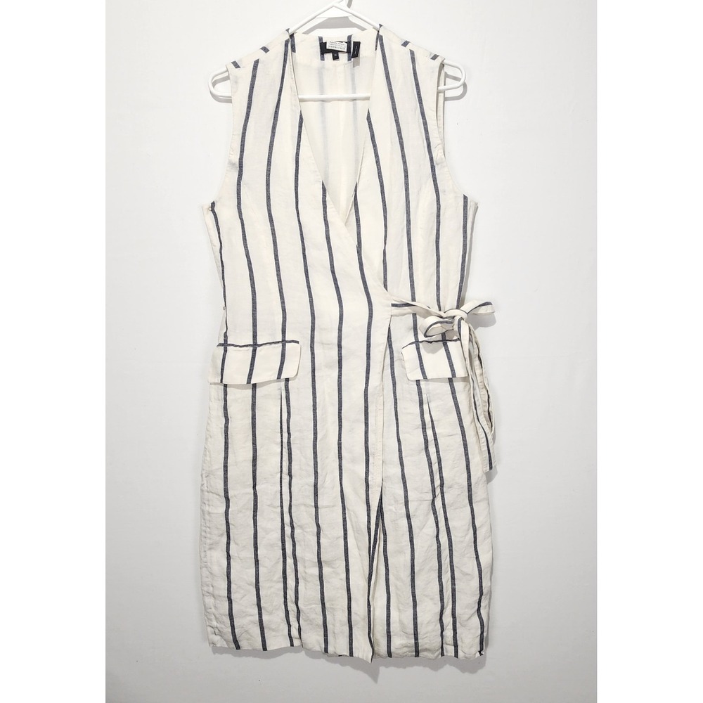 Theory Women's Livwilth Stripe Linen Wrap Dress, White and‎ Blue, Sz 10